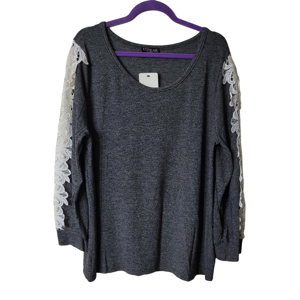UDear Gray Long-Sleeve Lace Detail Sleeve Knit Top Size 1X